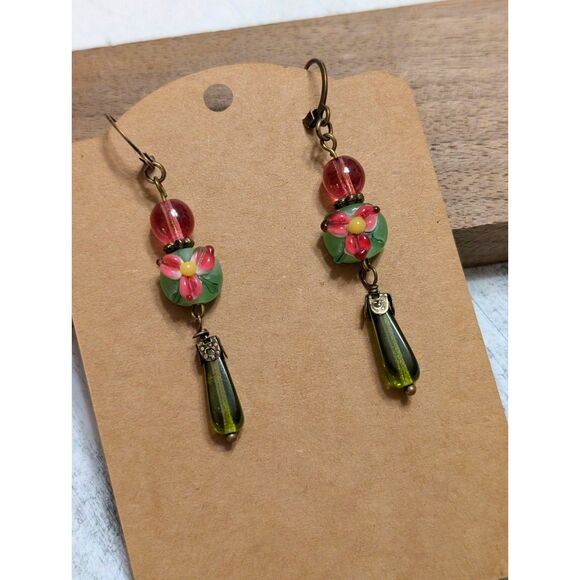 Elegant Pink and Green Vintage Floral Drop Earrings - Picture 1 of 3
